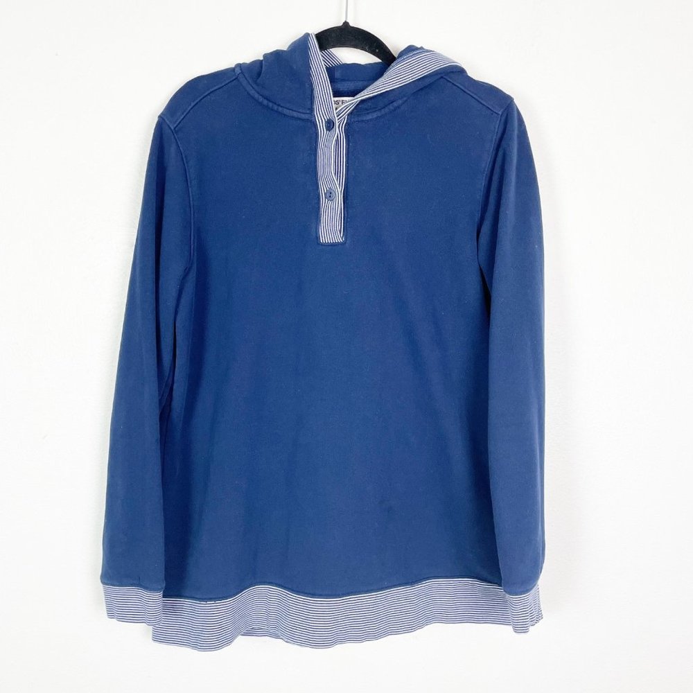 Lands' End Women's L Navy Blue Striped Casual Pullover Hooded Sweatshirt